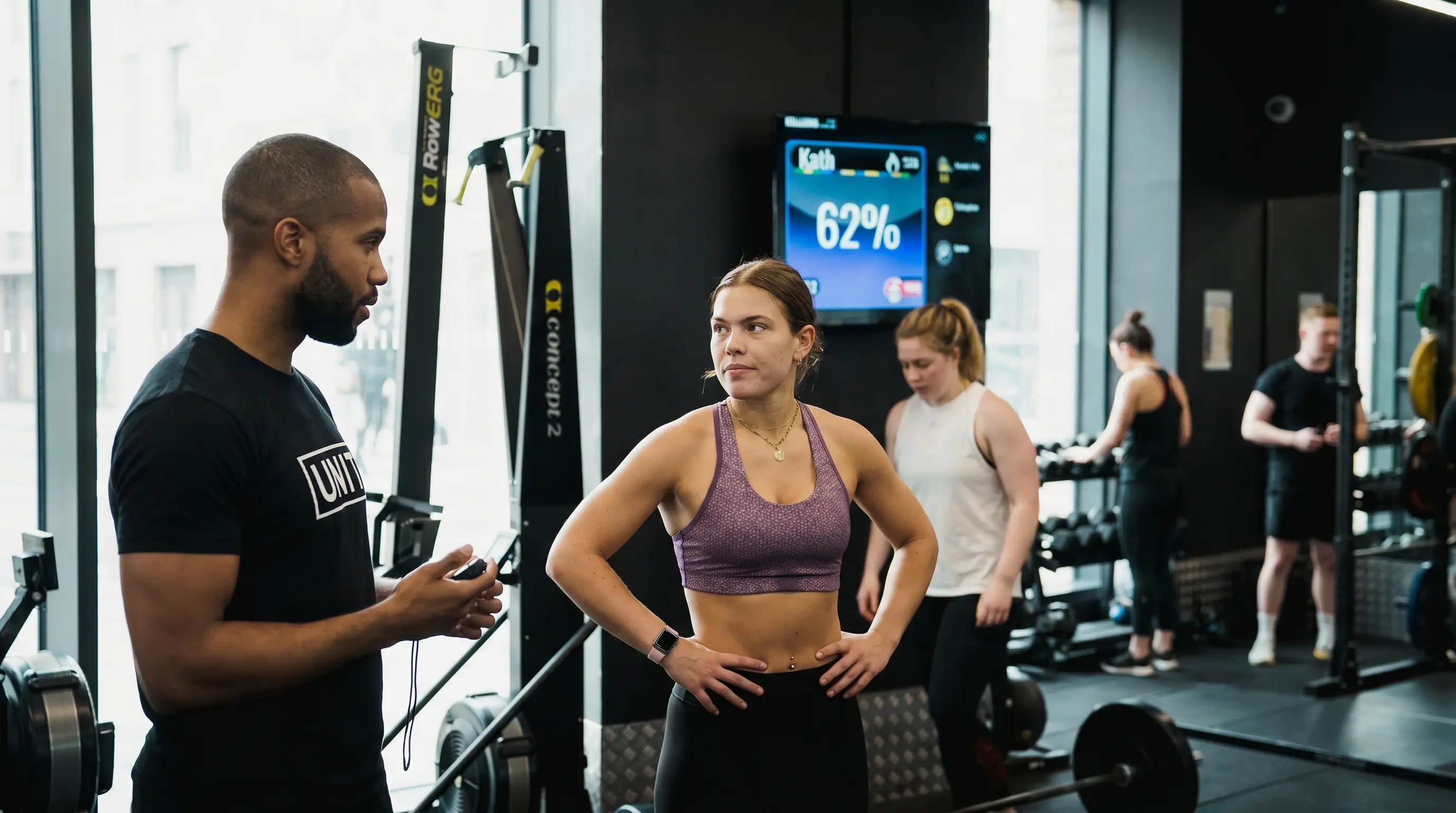 Trainer talks to a woman in purple sports bra at a gym with others and equipment in background.