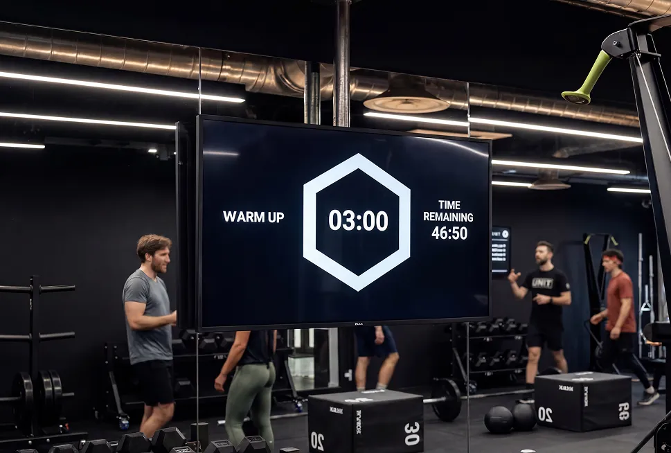 Gym with people exercising reflected in mirror and screen showing warm-up timer at 3 minutes.