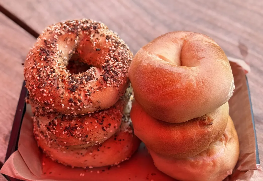 Plain and Everything bagels sitting in a tray on a wooden table