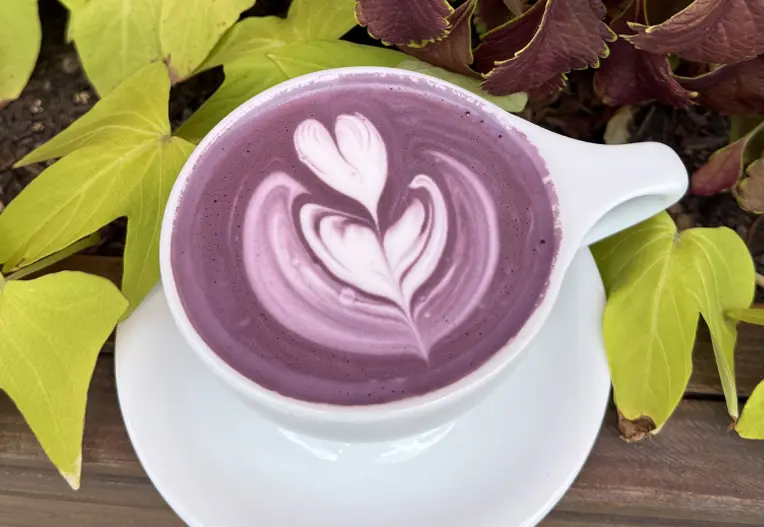 Purple latte with white heart-shaped latte art
