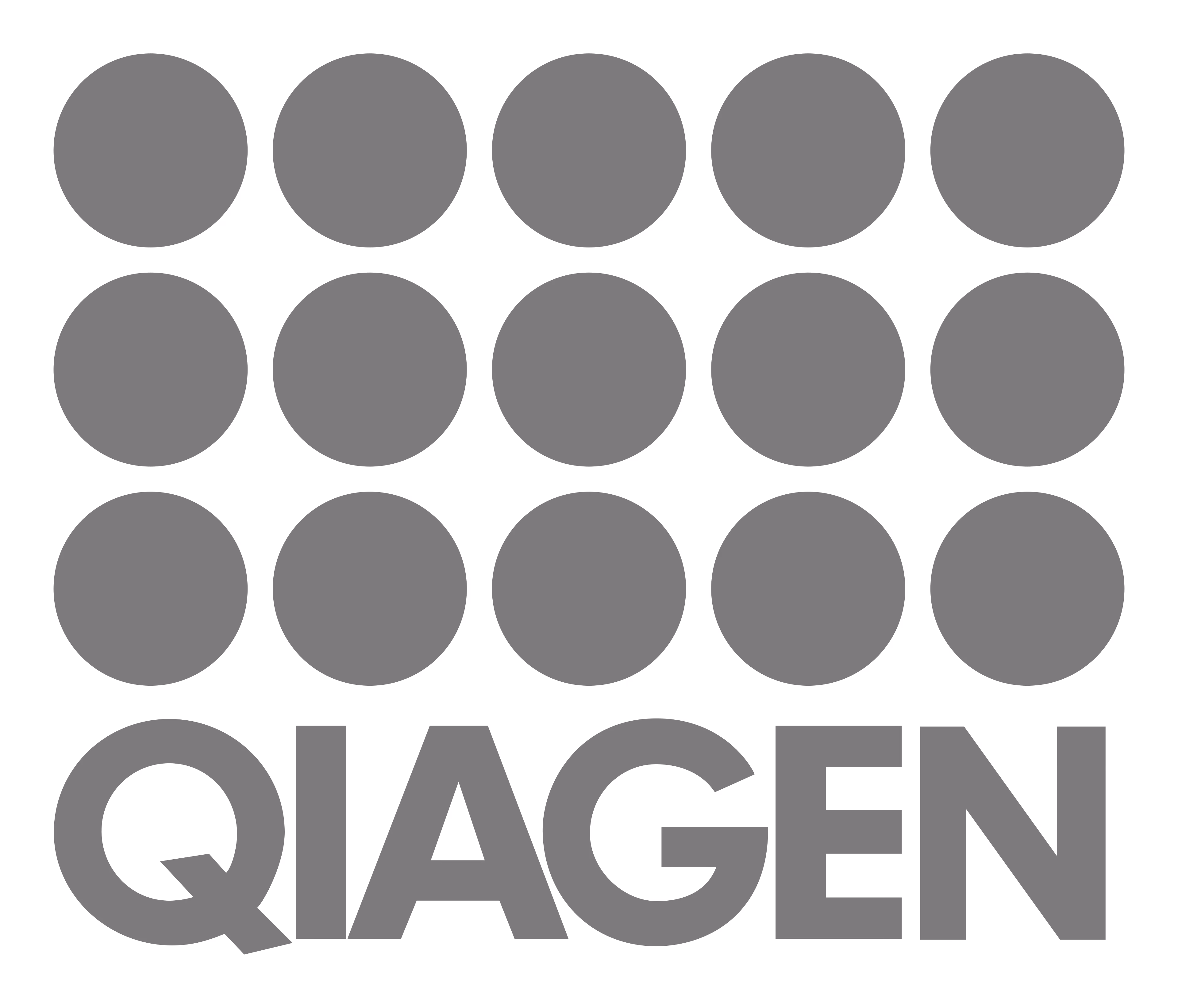 QIAGEN company logo with a grid of 15 circles above the company name in bold letters.