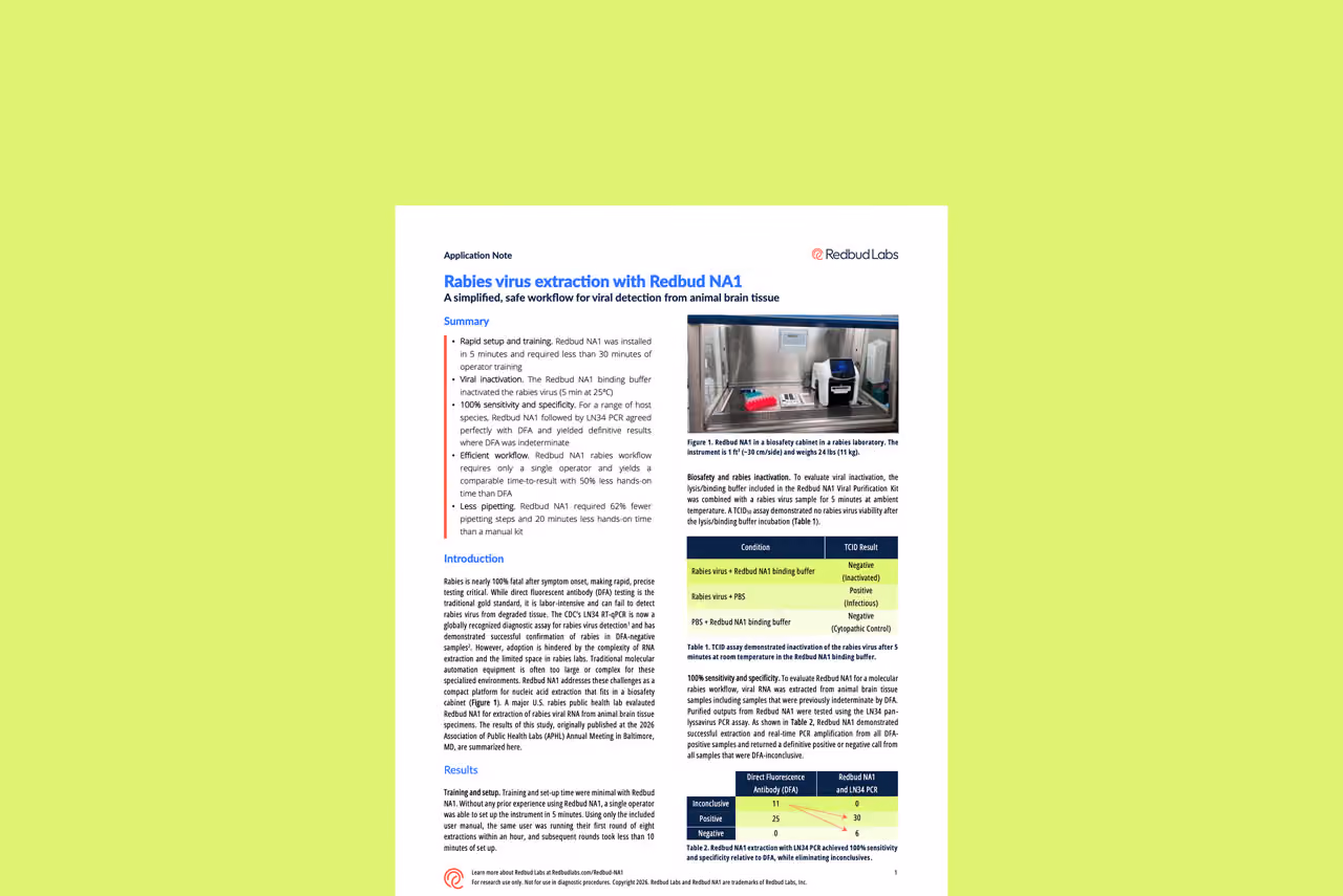 Research document on rabies virus extraction using Redbud NA1, featuring text, tables, and a lab instrument photo.