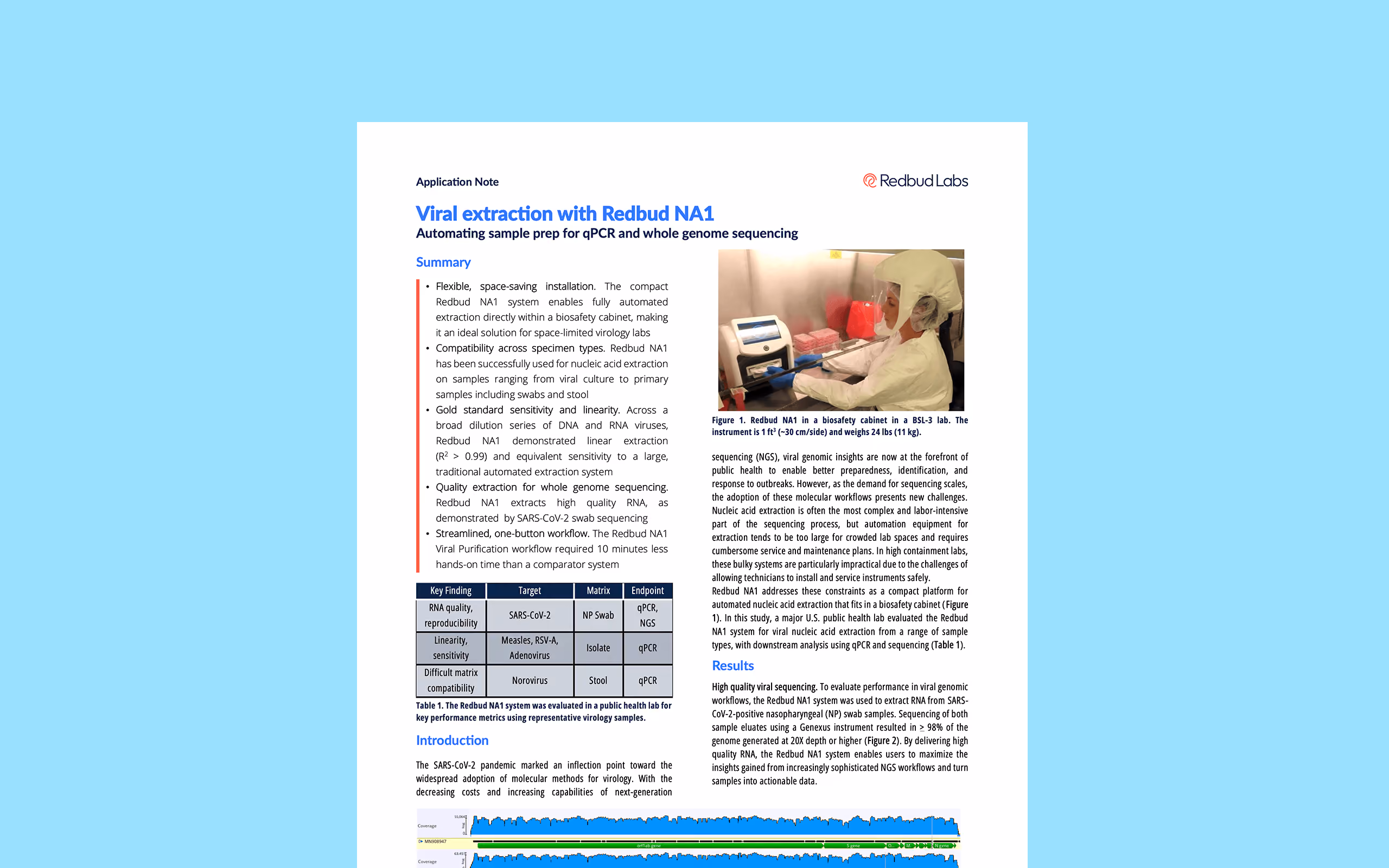 Application note on viral extraction using Redbud NA1 system with text, table, and image of lab setup.