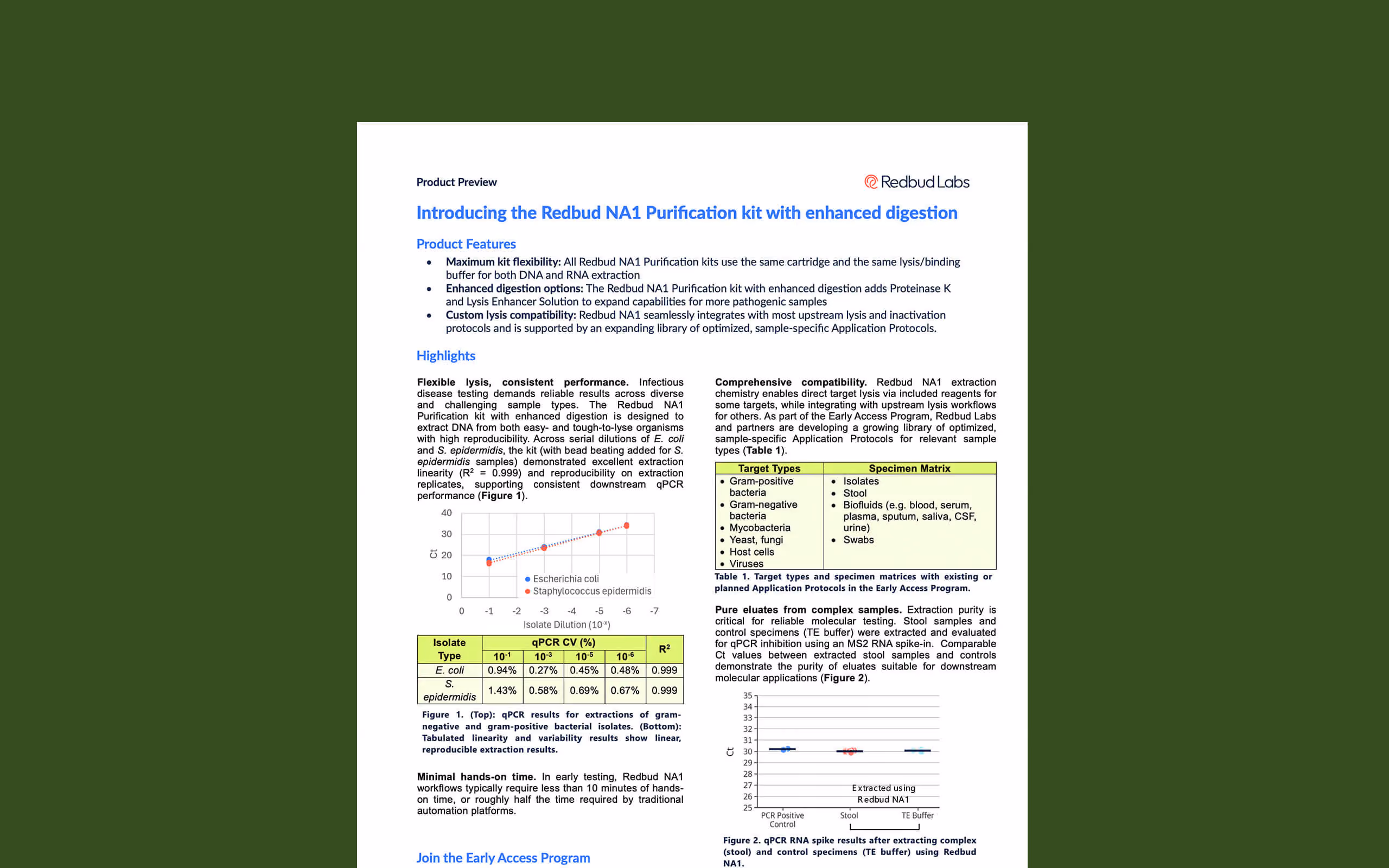Application note Redbud NA1 system purification kits with text, table, and image of lab setup.