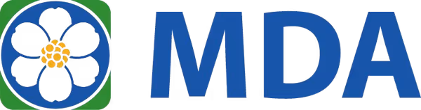 MDA logo featuring a stylized blue and green flower with yellow center and bold blue letters MDA.