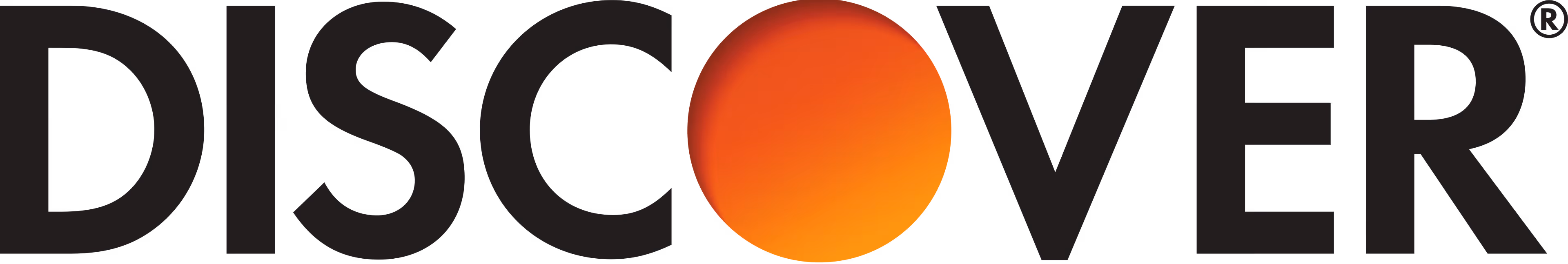 Discover credit card logo with orange and red circle replacing letter O.