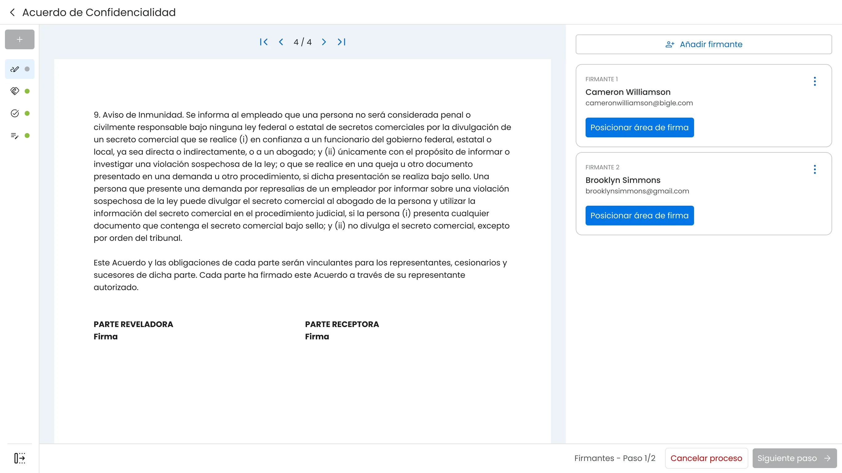 Interfaz de firma electrónica con un acuerdo de confidencialidad a la izquierda y un panel de firmantes a la derecha para colocar las áreas de firma.