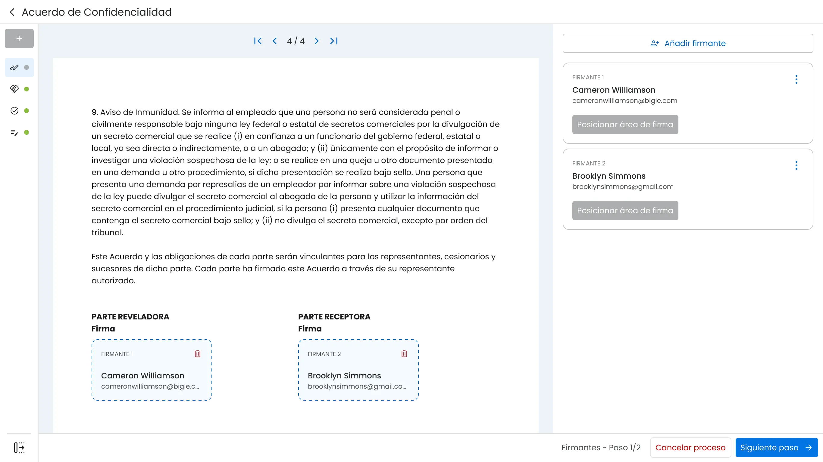Interfaz de firma electrónica con las áreas de firma colocadas para dos firmantes de un acuerdo de confidencialidad y el botón «Siguiente paso» habilitado.