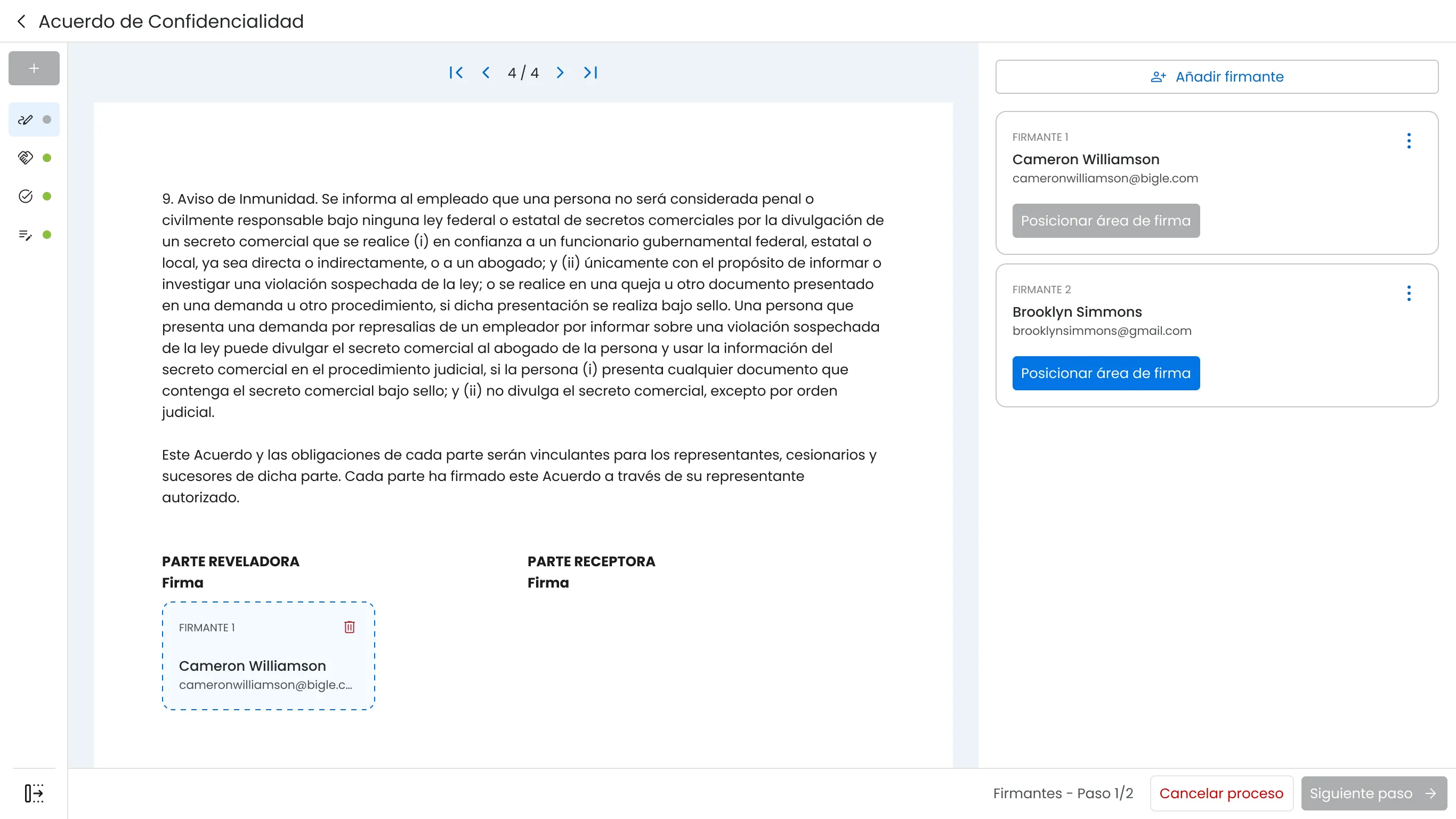 Interfaz de firma electrónica con un área de firma ya colocada para el primer firmante en un acuerdo de confidencialidad y otro firmante pendiente de configuración.