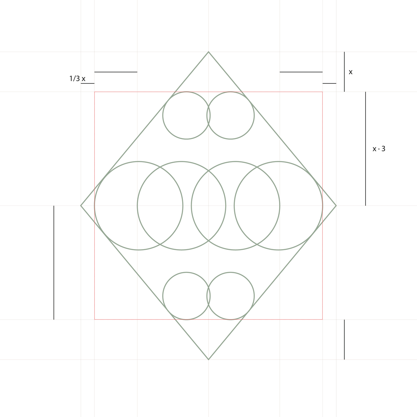 Diagrama geométrico que muestra la relación proporcional entre el rombo, los círculos de construcción y el área cuadrada interior utilizada para definir el símbolo de Ananda Analytics Lab.