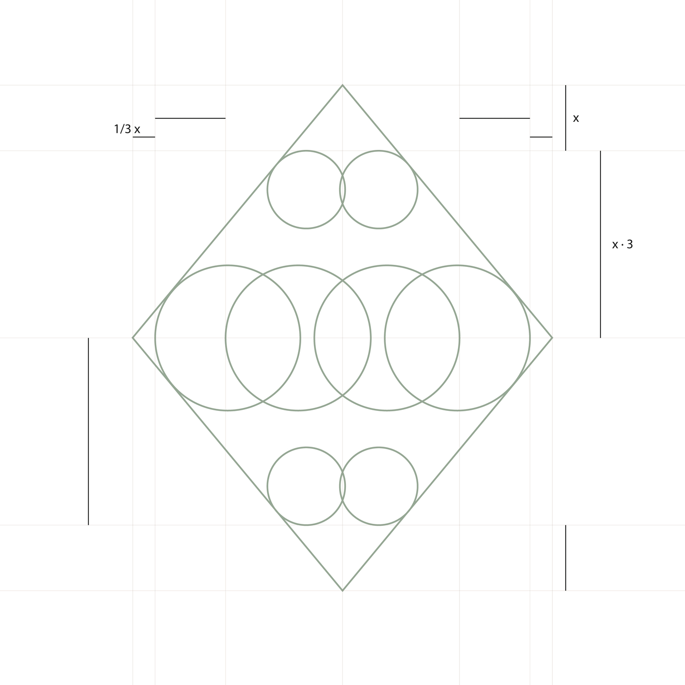 Construcción geométrica inicial del símbolo de Ananda Analytics Lab a partir de un rombo, una retícula y círculos proporcionales que definen su estructura y dimensiones.