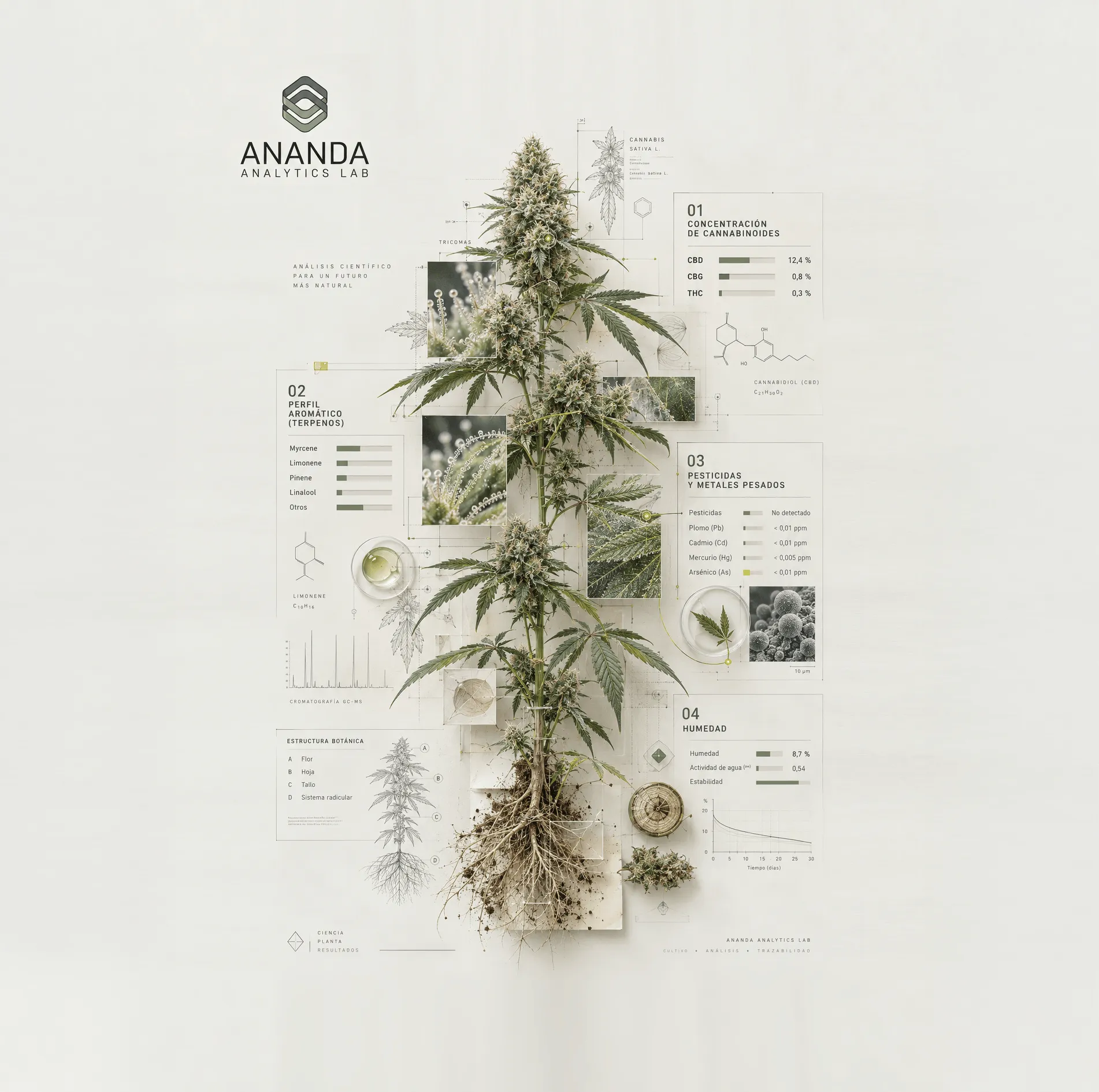 Planta de cannabis presentada como una lámina científica de Ananda Analytics Lab, rodeada de gráficos, estructuras químicas y detalles de laboratorio que representan análisis de cannabinoides, perfil aromático, pesticidas y metales pesados, y humedad.