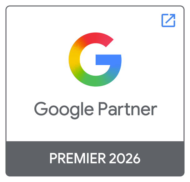 Google Partner badge with Premier 2026 designation and external link icon.
