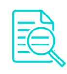Blue icon of a document with text lines and a magnifying glass over it.