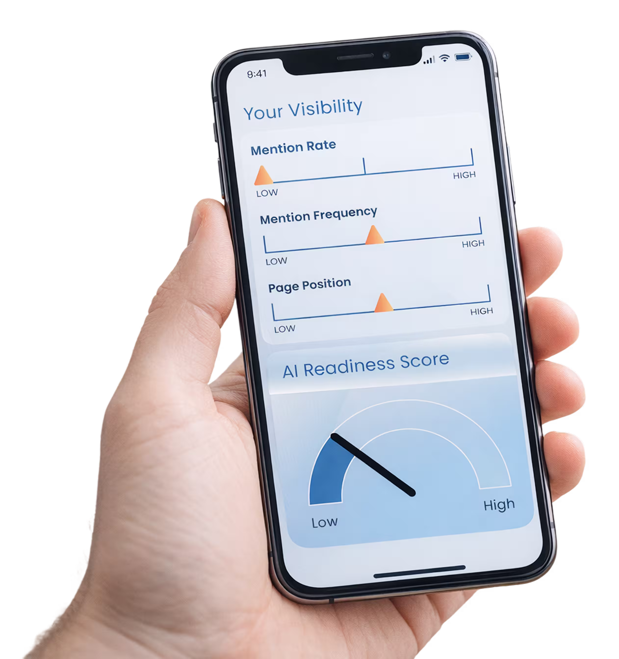 Phone screen showing AI readiness score gauge and visibility metrics for mention rate, frequency, and page position.