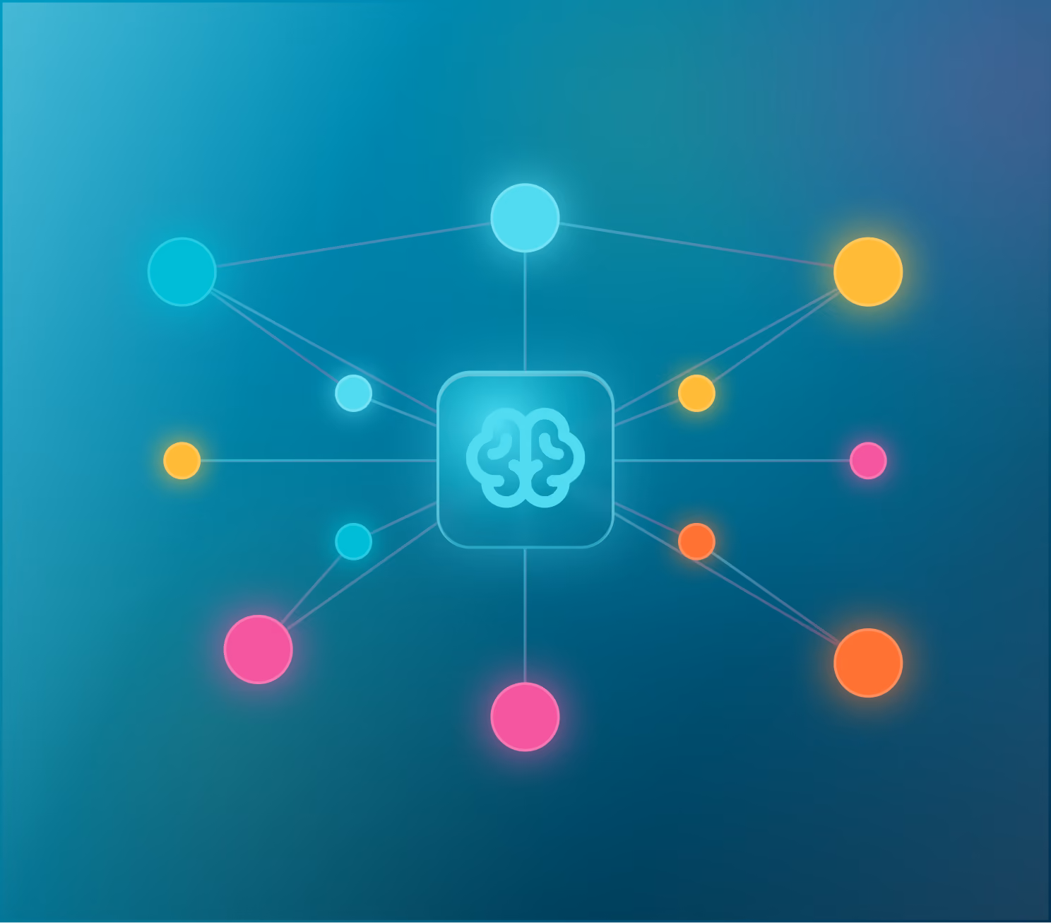 Central glowing brain icon connected by lines to multicolored glowing circles in a network diagram.