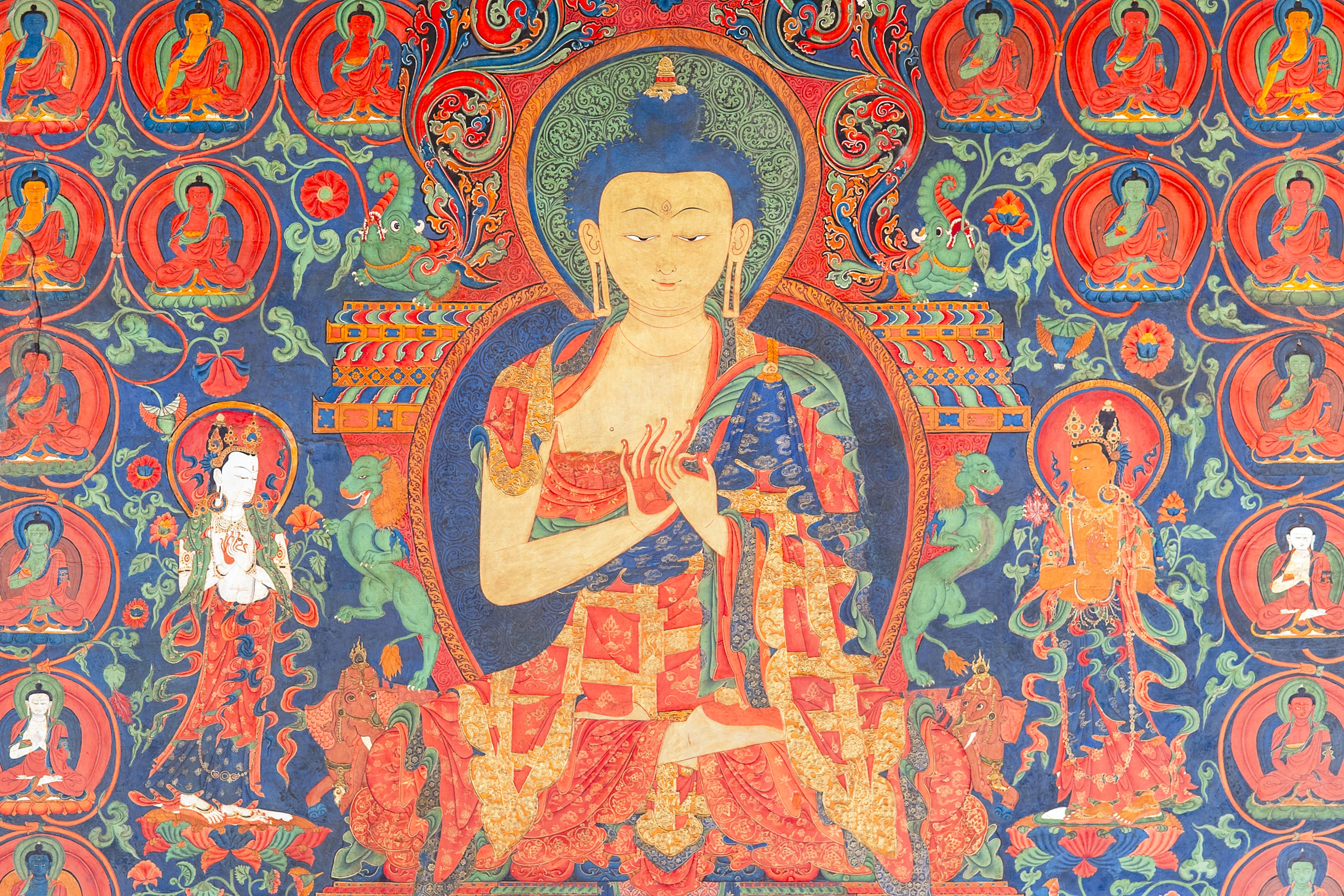 Thangka tibetano raffigurante il Buddha, opera pittorica tradizionale