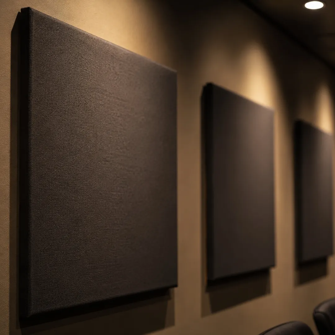 Row of dark fabric acoustic wall panels illuminated by warm downlighting along a wall.