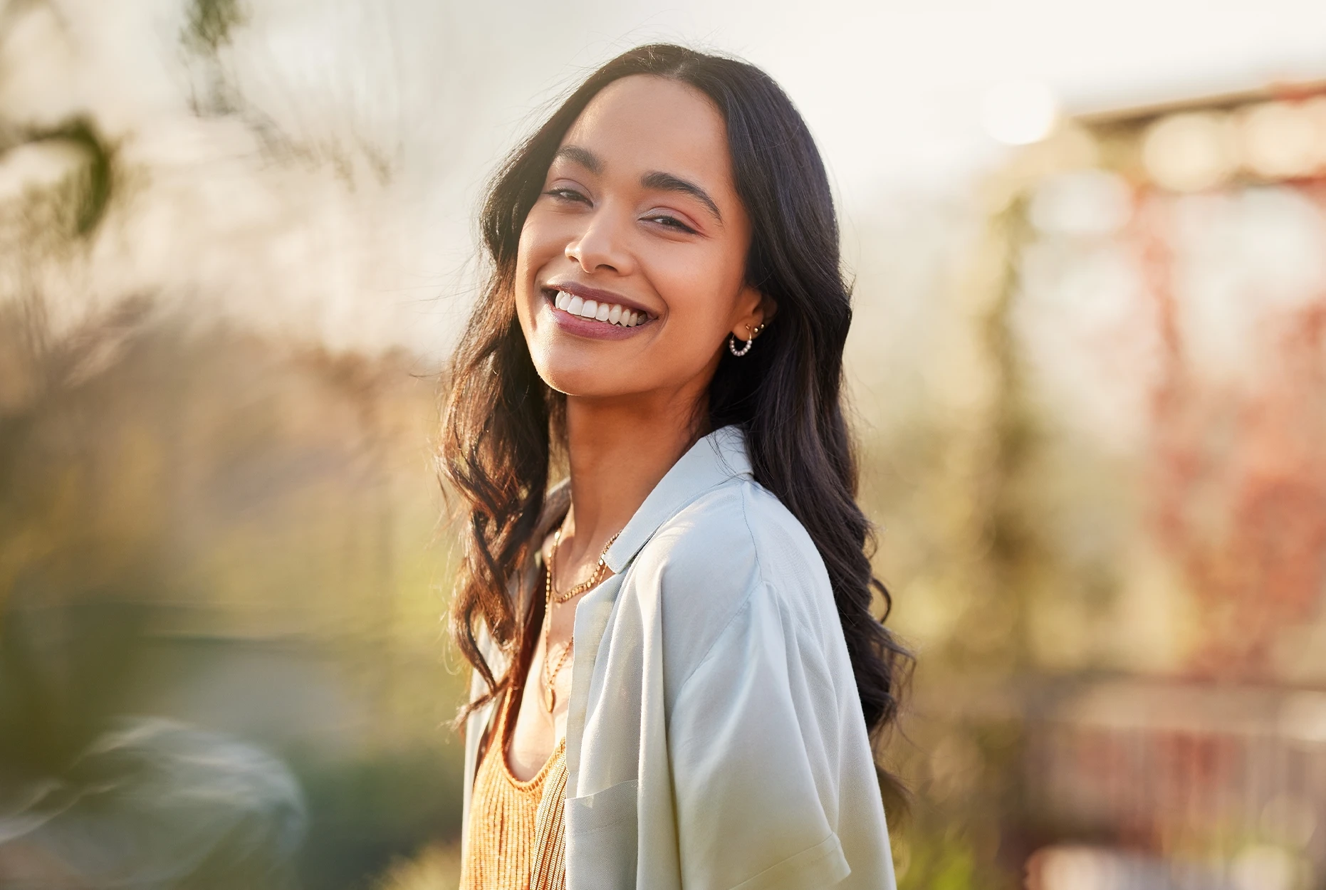 A woman smiling
