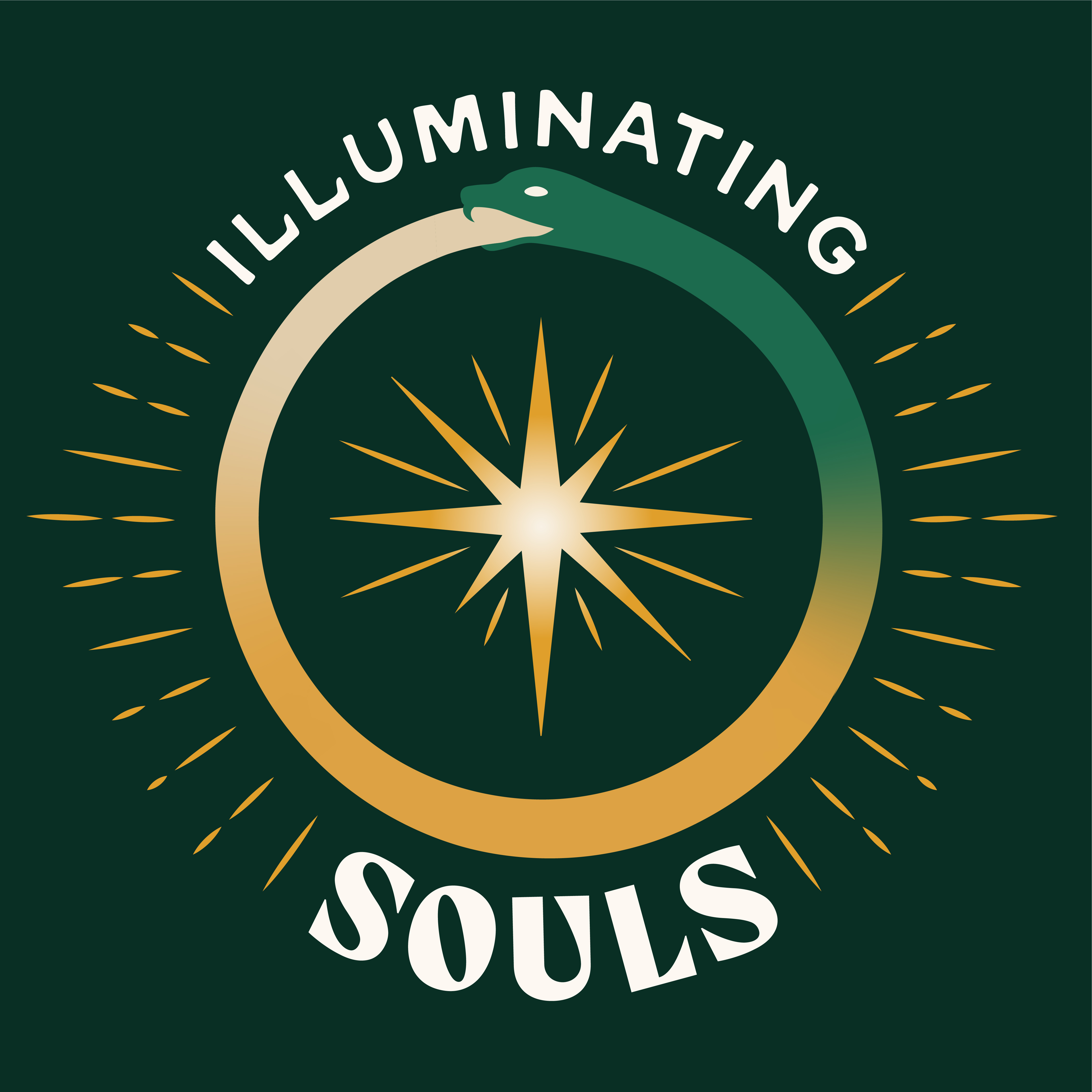 Logo with a snake biting its own tail encircling a radiant star; text reads Illuminating Souls.
