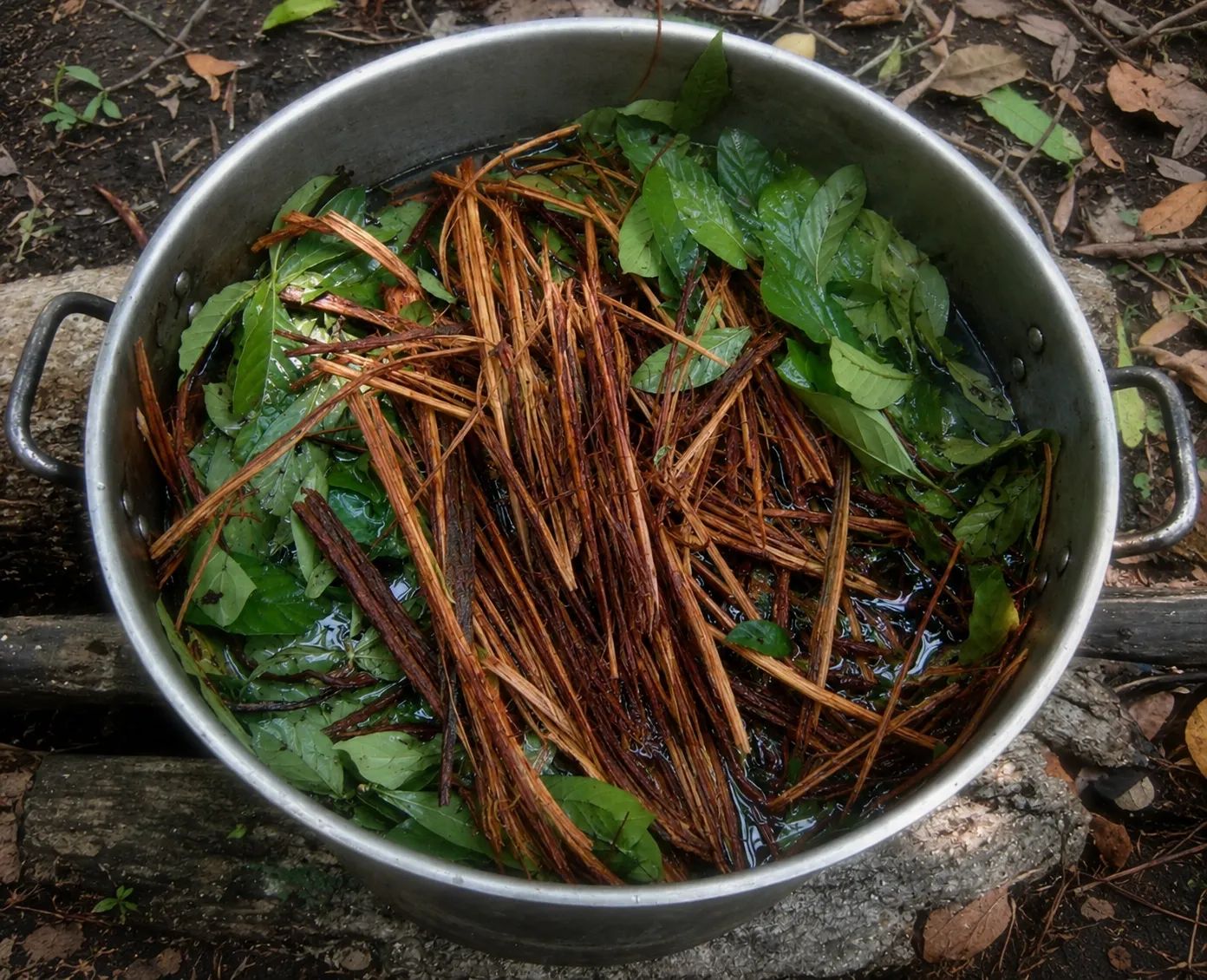 Ayahuasca vine and leaves in a brewing pot