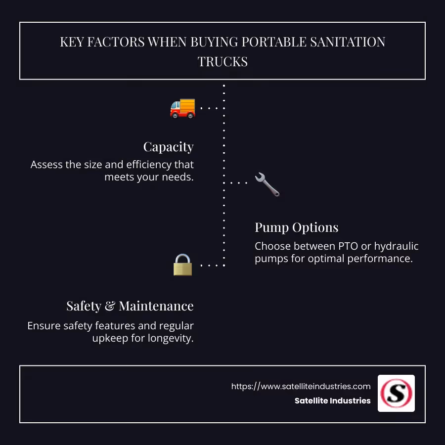 A comprehensive infographic detailing the key factors to consider when purchasing portable sanitation trucks, including capacity, pump options, safety features, and maintenance - portable sanitation trucks infographic infographic-line-3-steps-dark