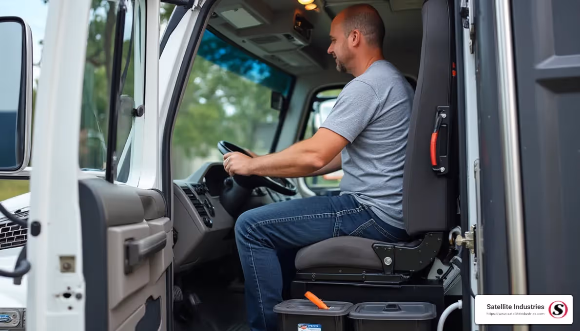 Driver operating a portable sanitation truck - portable sanitation trucks