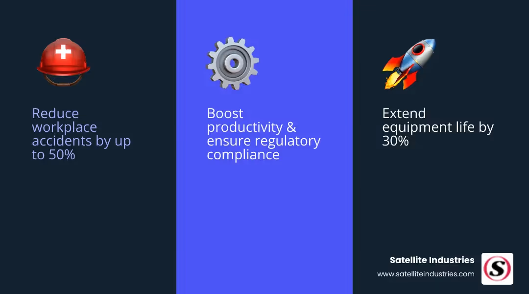 Comprehensive breakdown of industrial sanitation benefits including 50% accident reduction, 30% equipment life extension, regulatory compliance advantages, and productivity improvements across manufacturing, food processing, and warehouse environments - Industrial sanitation products infographic 3_facts_emoji_blue