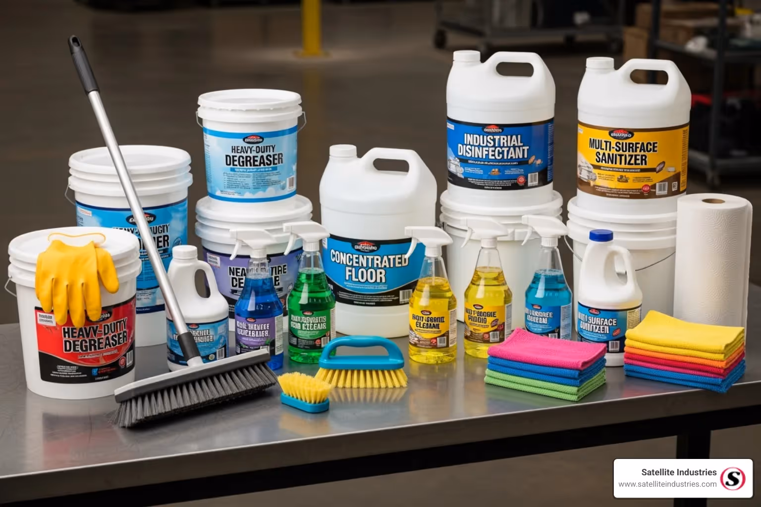 Various industrial cleaning chemicals and supplies - Industrial sanitation products