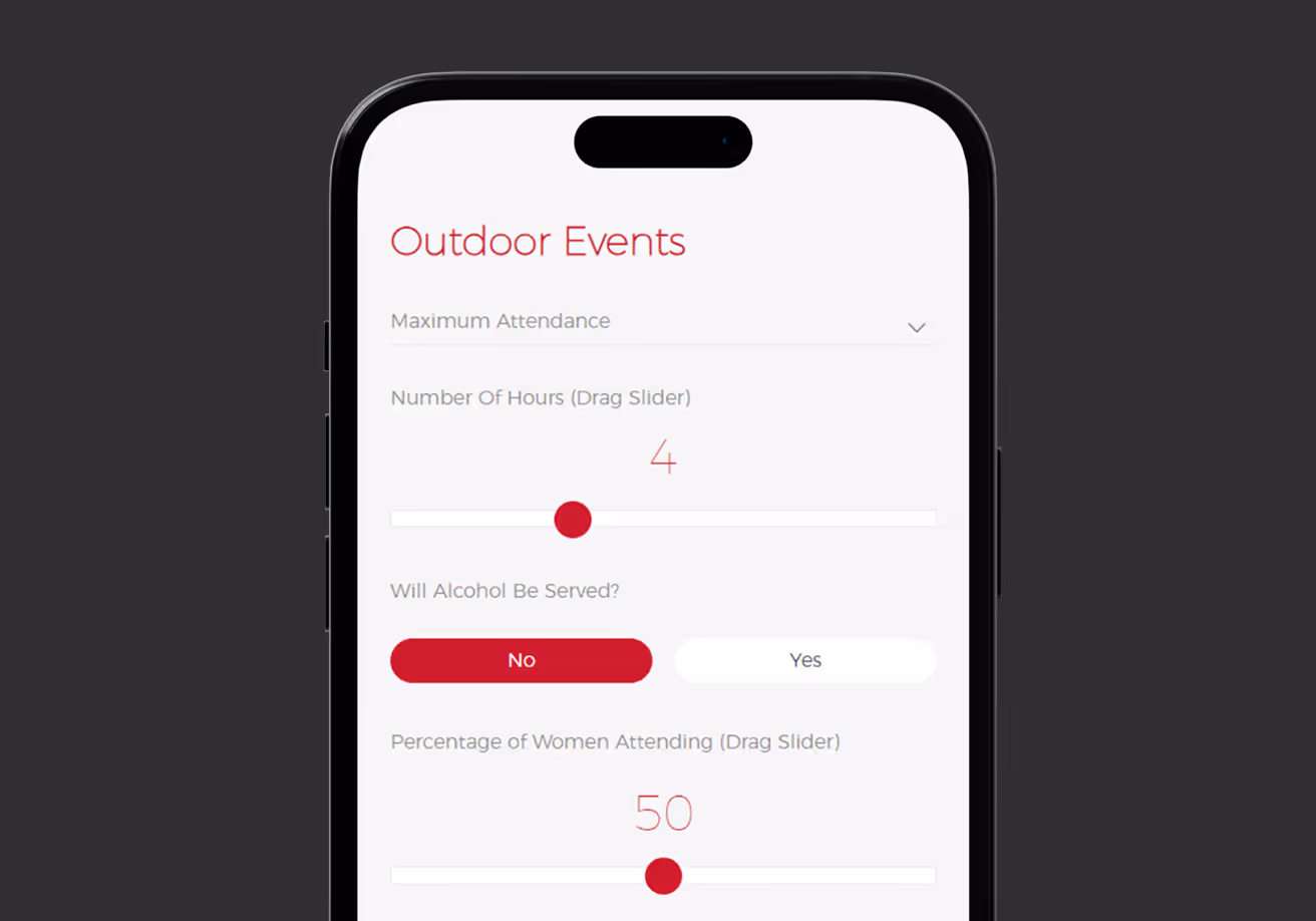 Smartphone screen showing an outdoor events form with sliders for number of hours and percentage of women attending, and a no/yes toggle for alcohol served