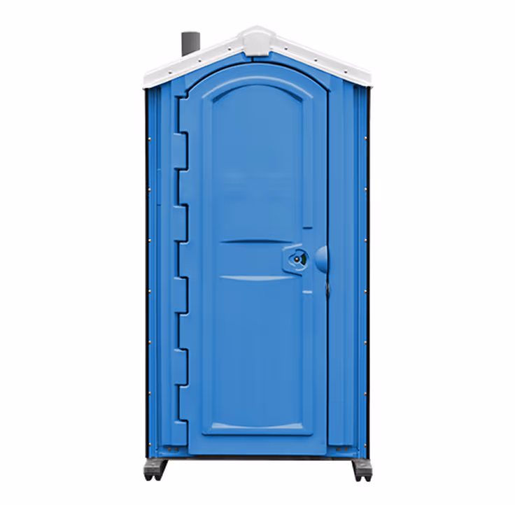 Blue portable restroom with white roof and closed door on white background