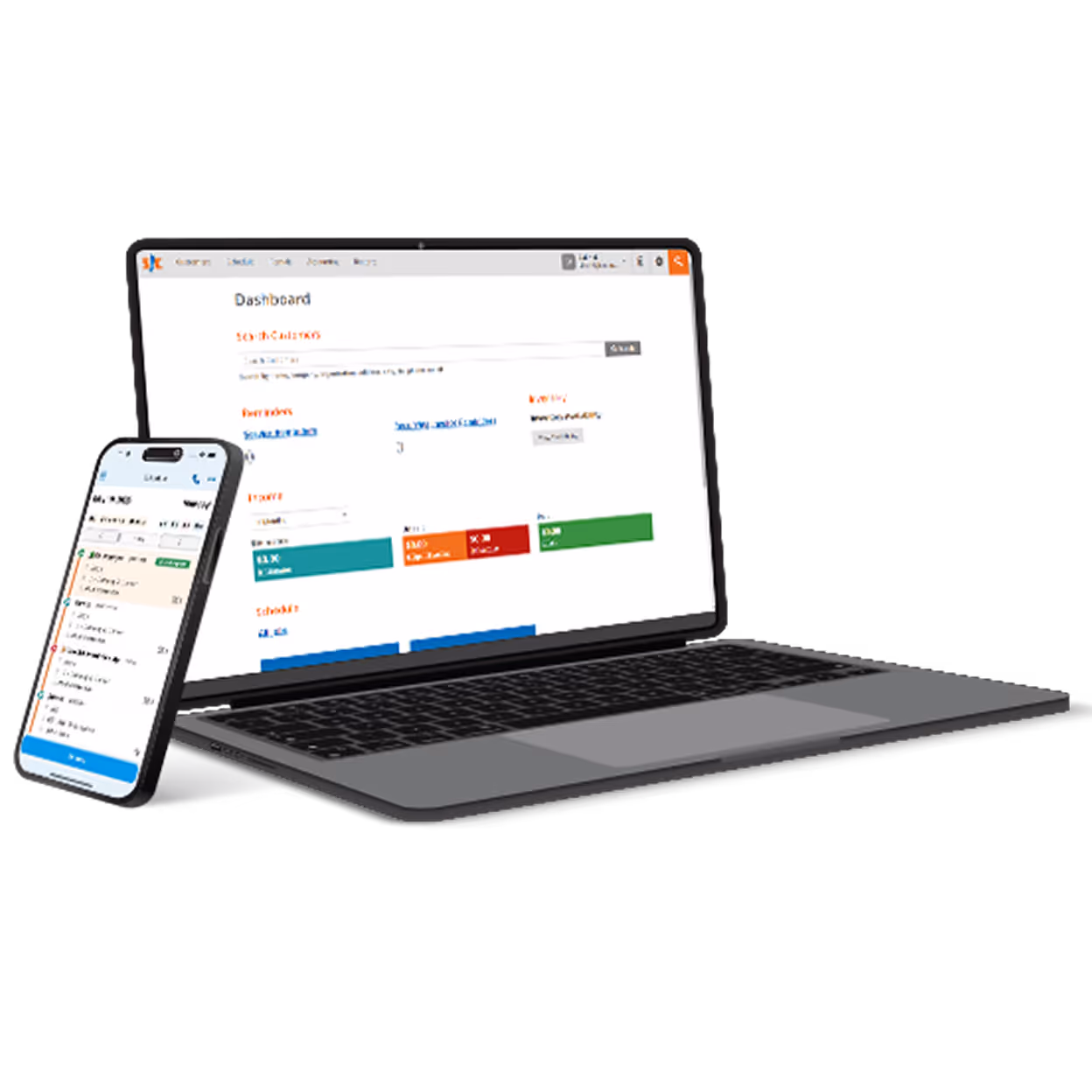 Laptop and smartphone showing dashboard and scheduling interface on screens