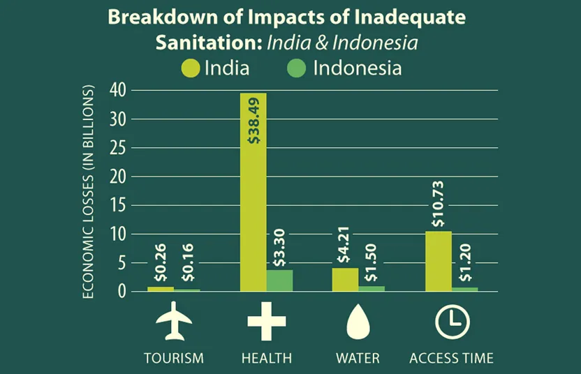 Bar chart comparing economic losses in billions between India and Indonesia from inadequate sanitation across tourism, health, water, and access time categories