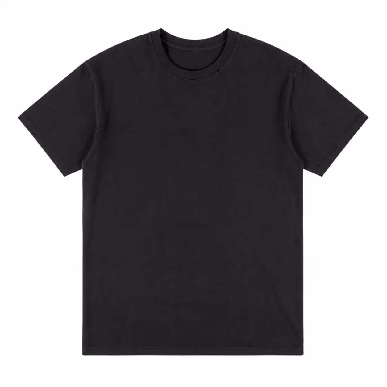 Plain black short-sleeve crew neck t-shirt laid flat on a white background.