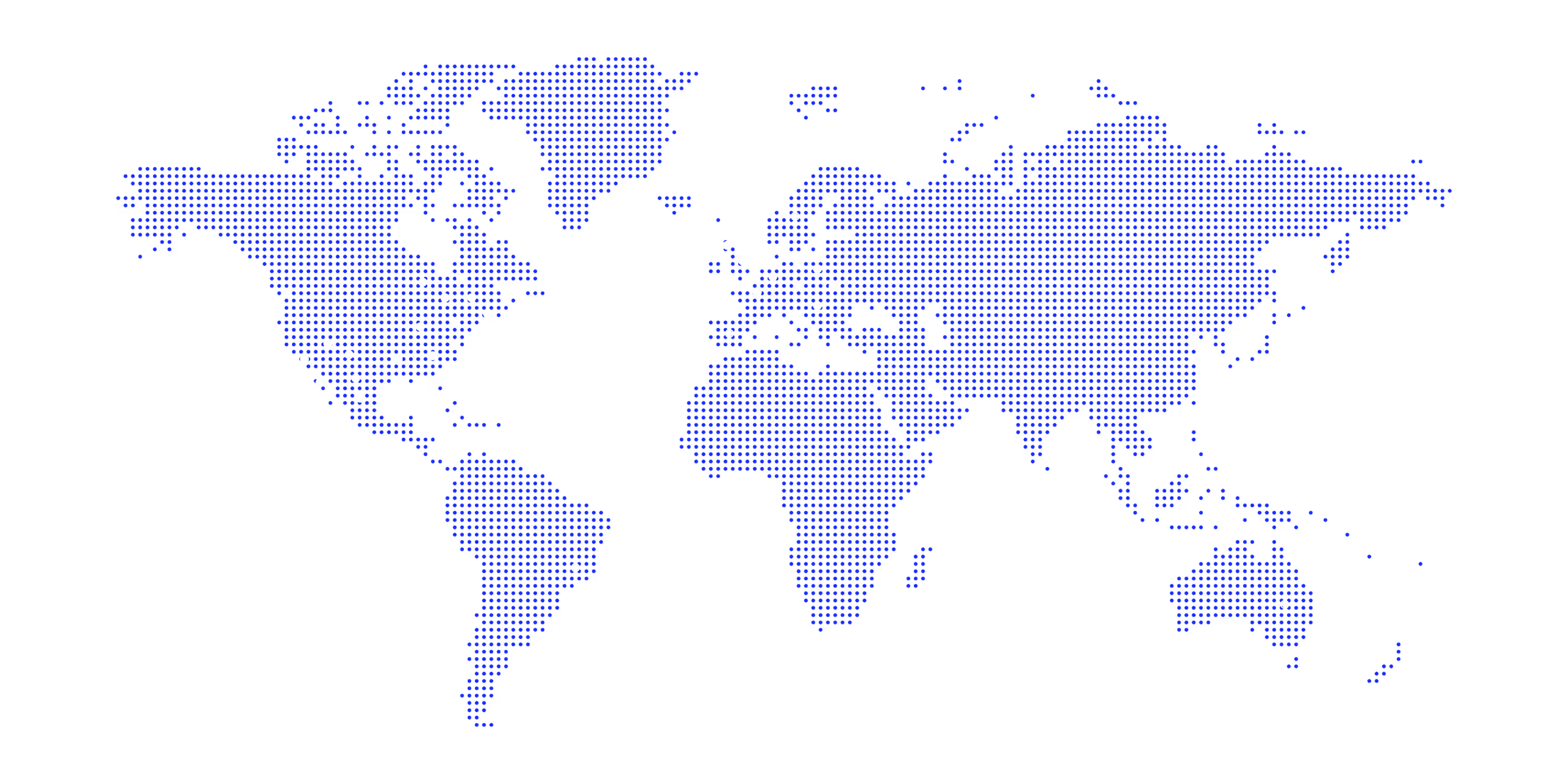 World map with blue dots and white dots marking specific urban areas in Europe and Americas.
