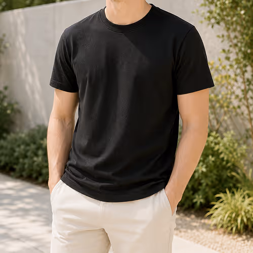 Man outdoors wearing a plain black t-shirt and light-colored pants with hands in pockets.