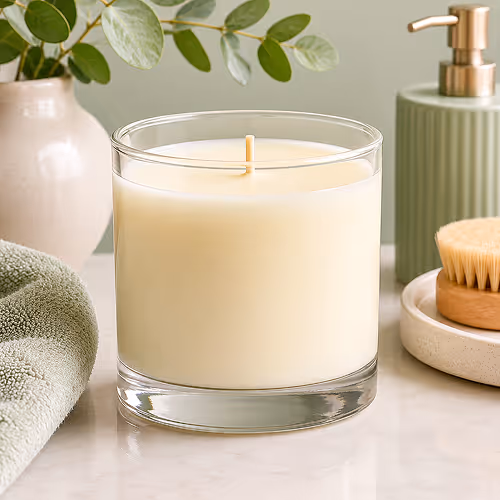 White candle in clear glass holder with green towel, plant, soap dispenser, and brush nearby.