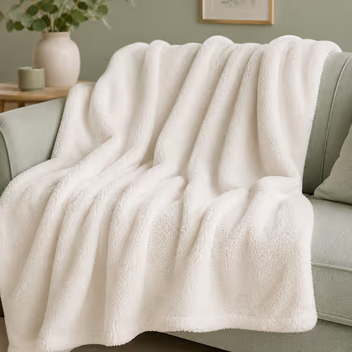 Folded white blanket with one corner partially unfolded.