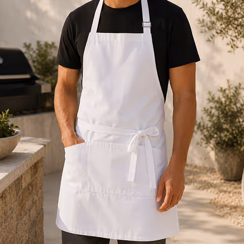 Person wearing a plain white apron over a black shirt, standing outdoors near a grill and plants.