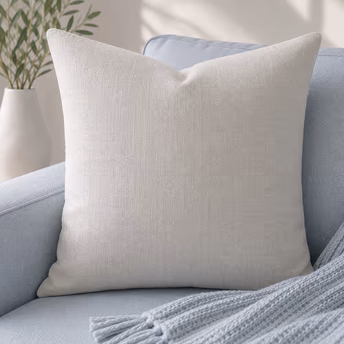 Plain white square pillow cushion with slightly rounded corners on a transparent background.