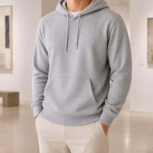 Man wearing plain light gray hoodie with front pocket and drawstring hood indoors.