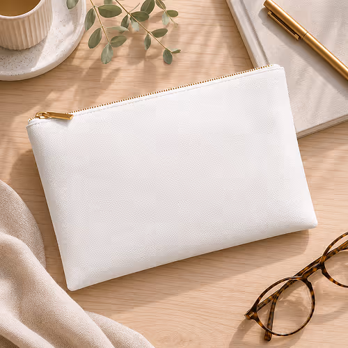 White zippered pouch on wooden surface surrounded by a cup, glasses, a pen, and a plant branch.