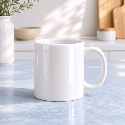 Plain white ceramic mug on a blue marble countertop in a bright kitchen setting.