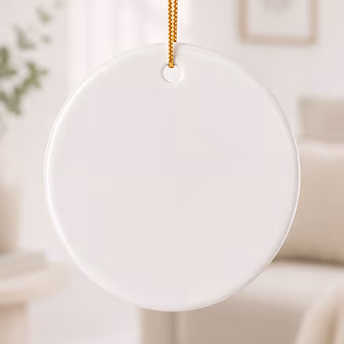 Plain white round hanging ornament with a gold string in a blurred cozy room background.