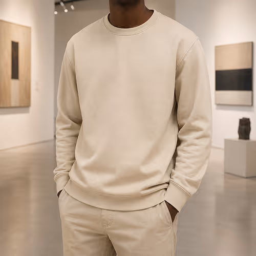 Person wearing a cream-colored sweatshirt and pants with hands in pockets in an art gallery.
