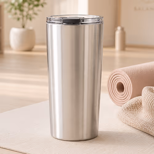 Stainless steel tumbler with clear lid on a mat next to a rolled yoga mat and towel.