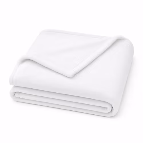 A neatly folded white blanket with one corner folded back on a white background.