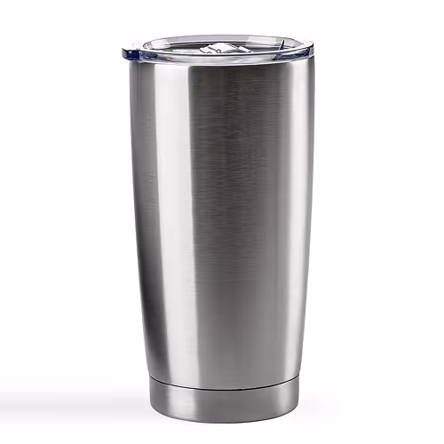 Stainless steel travel tumbler with clear lid on a white background.