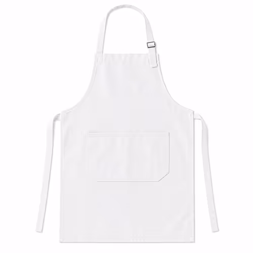 Plain white apron with neck strap and front pocket on white background.