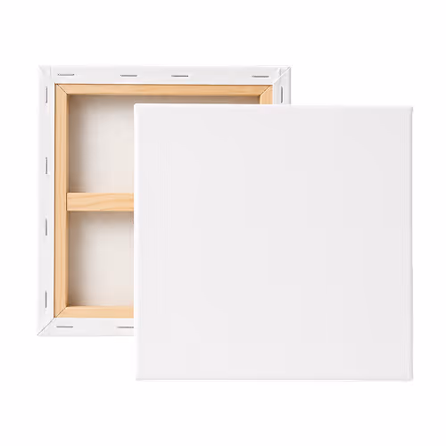 Blank stretched canvas with wooden frame shown front and back on white background.